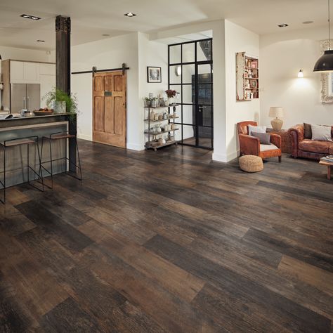 Vinyl Plank Flooring Colors, Dark Brown Floor, Barnwood Floors, Karndean Flooring, Barn Siding, Lvp Flooring, Vinyl Floor Tiles, Walnut Floors, Wood Tile Floors