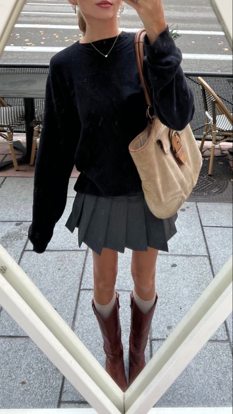 transitional fall outfit, brown knee high boots, fall aesthetic outfit, pleated skirt outfit, fall oufits, fall aesthetic style, outfit inspo, outfits for autumn, tall knee high boots fall outfit Knee Length Skirt Winter Outfit, Skirt With Tall Boots Outfit, Tall Boot Skirt Outfit, Black Riding Boots Skirt Outfit, Pleated Skirt Aesthetic Outfit, Boots With Pleated Skirt, Cool Brown Outfit, Tall Brown Boots Outfit Spring, Spring Knee High Boots Outfit