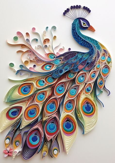 Peacock Quilling Pattern, Peacock Paper Quilling, Quilting Paper Art, Quilling Peacock Pattern, 3d Quilling Ideas Awesome, Quilling Paper Art Ideas, Quiling Paper Ideas, Paper Quilling Peacock, Watercolor Outline