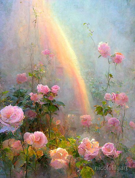 Pink Fairy Painting, Magic Garden Aesthetic, Flower Garden Drawing, Romantic Paintings, Garden Illustration, Garden Drawing, Pink Painting, Rainbow Roses, Magical Garden