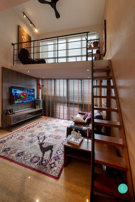 10 Amazing Loft Apartments In Singapore | Article | Qanvast | Home Design, Renovation, Remodelling & Furnishing Ideas Small Loft Apartments, Små Rum Lidt Plads, Tiny Loft, Pelan Rumah, Wooden Tv, Tiny House Interior Design, Loft Interior Design, Tiny House Loft, Hide Wires