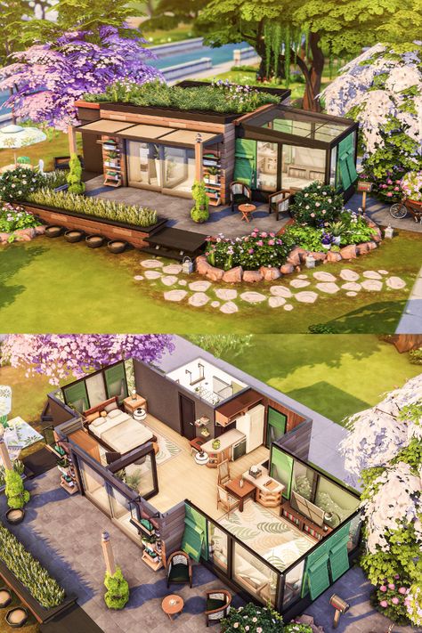 Lovely The Sims 4 house with a tiny blossom garden. It's an excellent, quiet, and eco-friendly escape for two Sims. The house is playtested. No CC used. #ShowUsYourBuilds #thesims4 #sims4 #sims4game #ts4house #ts4nocc #tsr #sims4home #ts4mm #simshousedesign #floorplan #maxismatch #floorplanssims4 @lhonna_sims Manzanita Terrace Sims 4, Sims4 Tiny House Floor Plan, Sims 3 Tiny House, Sims 4 Tiny Cottage Floor Plan, Garden House Sims 4, Sims Garden House, Sims 4 House Outside, Sims 4 Outside Ideas, Sims 4 Starter House Layout