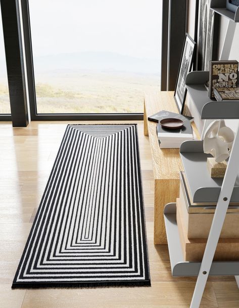 Black and White 2' x 8' Milano Runner Rug | Rugs.com Mid Century Modern Runner Rug, 2x6 Runner Rug, Black And White Modern Decor, Townhome Entryway Decor, Black And White Runner Rug, Entry Way Rugs Foyers, Entry Way Rug Ideas, Art Deco Living Room Interior Design, Interesting Rugs