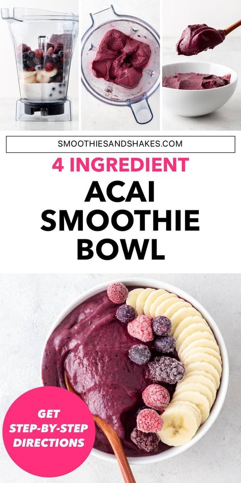 This refreshing acai smoothie bowl is a healthy treat that’s made with just 4 ingredients. Get the step-by-step instructions and tips for making it at home. #acaismoothiebowl #smoothiebowl #healthyrecipes #smoothies #acai #superfoods #vegansmoothies Smoothie King Bowl, Diy Acai Bowl Recipes, Acai Bowl Recipes Healthy, Diy Acai Bowl, Diy Smoothie Bowl, Acai Bowl Toppings, Acai Smoothie Recipe, Acai Berry Smoothie, Acai Bowl Recipe Easy