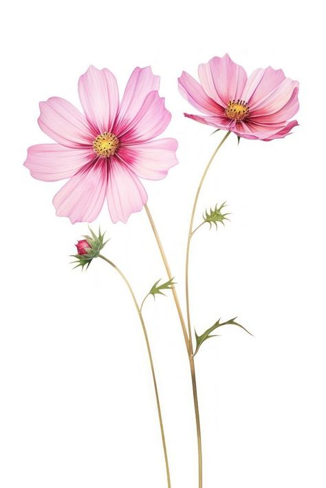 Watercolor cosmos flower blossom petal plant. | free image by rawpixel.com / Darakoon Jaktreemongkol Pink Cosmos Flower Tattoo, Cosmo Flower Painting, Cosmos Flower Meaning, Watercolor Cosmos Flower, Cosmo Flower Drawing, Small Flowers Drawing, Cosmos Tattoo Flower, Cosmos Flowers Tattoo, Cosmos Flower Drawing