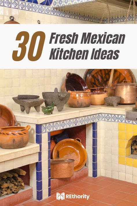 Do you want to bring a touch of Mexican flavor to your kitchen? With these 30 fresh Mexican kitchen ideas, your kitchen can be bursting with authentic Mexican flavors, from classic tortillas to modern margaritas! Whether you're looking for a traditional Mexican meal or a fun twist on a classic, these ideas are sure to please! Mexican Inspired Kitchen Decor, Mexican Countertops, Spanish Themed Kitchen, Talavera Kitchen Mexican Style, Mexican Colors Kitchen, Mexican Style Outdoor Kitchen, Traditional Spanish Kitchen, Mexican Farmhouse Decor Kitchen, Mexican Inspired Kitchen Hacienda Style