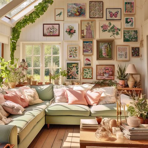 Cottage Gallery Wall Set of 20 Cottagecore Eclectic Wall Art - Etsy Australia Art Print Wall Bedroom, Retro Cottagecore Living Room, Uk Style Home Decor, Pink Green Cottagecore, Pink Green Gallery Wall, Apartment Decorating Pink And Green, House Decorating Ideas Colorful, Colorful Vibes Aesthetic, Vintage Floral Home Decor