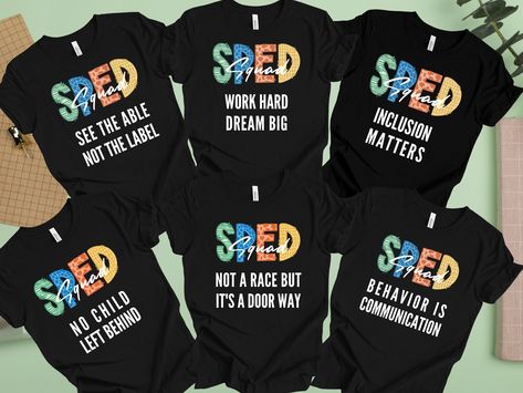 "Thank you for visiting this listing! Put on display your sped team spirit with these awesome SPED squad shirts! Perfect as a gift for special ed teachers, teachers assistants, therapists, paraprofessionals and so many more people who make up special education teams that make the difference in our children's lives! These unisex t-shirts feel soft and light with just the right amount of stretch. It's comfortable and flattering for all.  (Please note the listing is for ONE t-shirt only) --- HOW TO Special Education Shirt Ideas, Special Education Teacher Shirt, Sped Paraprofessional, Education Shirts, Teacher T Shirts, Special Ed Teacher, Shirt Inspiration, You Make A Difference, Sped Teacher