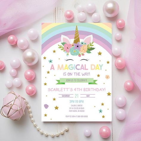 $2.77 | Magical Day Unicorn and Rainbows Birthday | Birthday Invitations | unicorn, birthday, party, invitation, girl, girls, rainbow, kids, childrens, girly Bday Party Invitations, Rainbow Themed Birthday Party, Unicorn Pony, Rainbow Birthday Invitations, Unicorn Themed Birthday Party, Unicorn Birthday Party Invitation, Birthday Party Design, Unicorn Themed Birthday, Unicorn Birthday Invitations