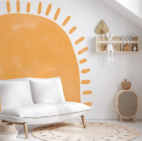 PRICES MAY VARY. Total contain : 15.7 x 35.4inches/sheet, 4 sheets (Sun Size :50.4''x42.0''x1pcs), Just Peel and Stick, Removable without sticky residue, Great quality Vinyl material wall decals, Easma decals can be applied on most flat surfaces, including slightly textured walls, mirrors, or any smooth surface Sun Wall Decal Large Boho Wall Decal Nursery Wall Decals Vinyl Sticker Peel and Stick for Kids Bedroom Living Room Playroom Wall Decor Sun Theme Bedroom, Painted Sun On Wall, Playroom Wall Decal Ideas, Ceiling Decor Classroom, Sun Mural Wall, Sunshine Mural, Peel And Stick Headboard, Yellow Accent Wall, 70s Wall Mural