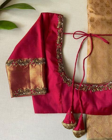 Red Blouse With Green Work, Red Saree With Blue Blouse, Simple Red Blouse Designs, Red Aari Work Blouse Designs, Blouse Designs Latest For Marriage, Blouse Front Design, Simple Blouse Work Designs, Embroidery Design For Blouse, Embroidery Designs Blouse