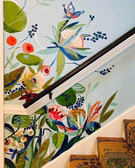 Small Bathroom Wall Mural Ideas, Art On Sloped Wall, Staircase Wall Mural Ideas, Mural Stairs Wall, Abstract Painted Wall Mural, Stair Murals Wall Art, Hand Painted Mural Bathroom, Large Wall Mural Living Room, Hallway Mural Ideas Diy