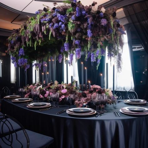 hydrangea black tablecloth, purple flowers, presidium wedding purple wedding black and purple Moody Black And Purple Wedding, Violet And Blue Wedding Theme, Dark Purple And Navy Blue Wedding, Black White Gold Purple Wedding, Black Gold Purple Green Wedding, Black Gold And Lavender Wedding, Blue And Purple Gothic Wedding, Black Purple White Wedding, Black Lavender Wedding