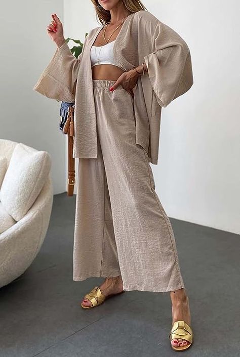 Kimono Suit, Post Yoga, Wide Leg Pant Suit, Patchwork Cardigan, Loose Cardigan, Linen Casual, Linen Style, Set Outfit, Oversized Cardigan