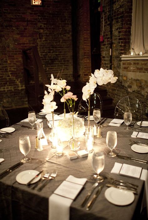 yessssss. Modern Atlanta Wedding by Melissa Schollaert Photography | Style Me Pretty Gray Tablecloths, Gray Tablecloth, White Linens, Bouquet Photography, Orchid Centerpieces, White Centerpiece, Clear Vases, Lily Bouquet, White Napkins