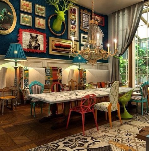 Mad Hatter Tea Party Bohemian Interior, Eclectic Restaurant, Bohemian Dining Room, Deco Boheme Chic, Mismatched Chairs, Interior Design Plan, Bohemian Interior Design, Eclectic Interior Design, Interior Remodel