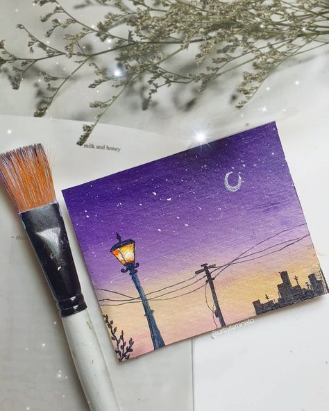 City Scape Painting, Mini Toile, Lilac Sky, Color Drawing Art, Watercolor Beginner, Small Canvas Paintings, Painting Canvases, Seni Cat Air, Canvas Painting Designs