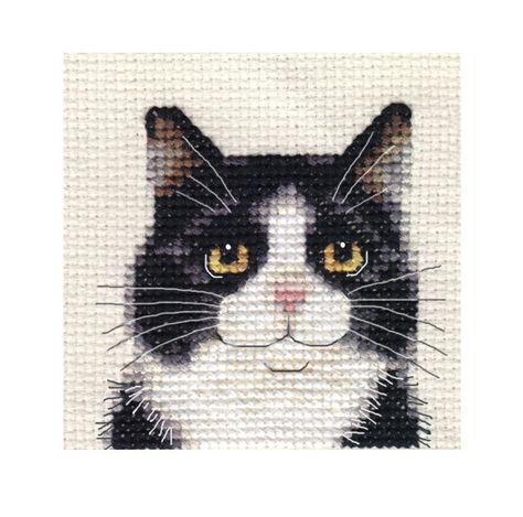 An Original counted cross stitch kit by Fido Stitch Studio. Pre-sorted Anchor embroidery threads. This ‘mini’ stitch kit could be completed in a few hours. Black & white cat. This kit contains everything you need to complete your project. | eBay! Cross Stitch Owl, Black White Cat, Cat Cross Stitches, Anchor Embroidery, White Kitten, Aida Fabric, Cat Cross Stitch Pattern, Sewing Instructions, Embroidery Threads
