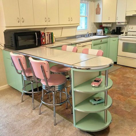 We love how this retro style kitchen came together with a classic 1950’s Chevy vibe. The mint green and pink are perfect compliments to… | Instagram Retro Kitchen Ideas 1950s Mint Green, 1950s Retro Kitchen, Cute Retro Kitchen, 50s Inspired Bedroom, 1950s Style Kitchen, Vintage Pink And Green Kitchen, Pastel Retro Kitchen, Simple Colorful Interior Design, 1940 Kitchen Style