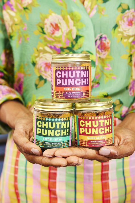 Chutni Punch's Colorful Design Adds Some Extra Flavor to Traditional Indian Seasoning | Dieline - Design, Branding & Packaging Inspiration Gourmet Food Packaging, Indian Spices Packaging, Condiment Packaging Design, Indian Snacks Packaging, Indian Food Packaging Design, Seasoning Photography, Food Packaging Illustration, Indian Food Branding, Packaging Design Inspiration Food