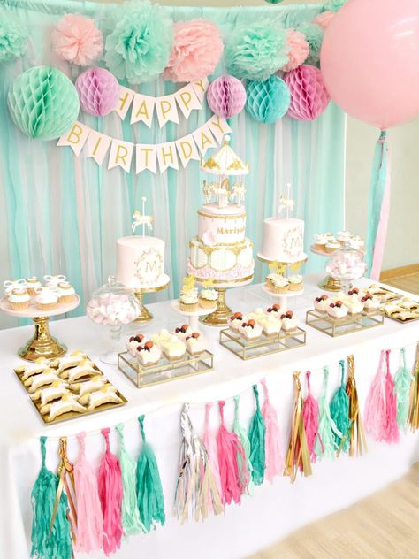 Pink, Mint and Gold Carousel Cake Dessert Table Birthday Party Cherie Kelly London Dessert Table Birthday Party, Cake Table Decorations Birthday, Birthday Party Table Decorations, Cake Table Birthday, Dessert Table Birthday, Birthday Table Decorations, Cake Table Decorations, 13th Birthday Parties, Birthday Party Tables