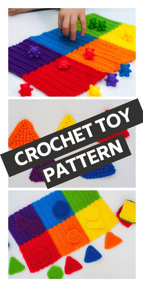 Quick and easy crochet toy pattern great for teaching kids their shapes and colors. This pattern works up quickly using just a little yarn from your stash. Montessori, 1st Birthday Crochet Gifts, Crochet Interactive Book, Crochet Matching Game, Crochet Kids Toys Free Pattern, Crochet Games Patterns Free, Crochet Montessori Toys, Crochet Games, Winding Road Crochet