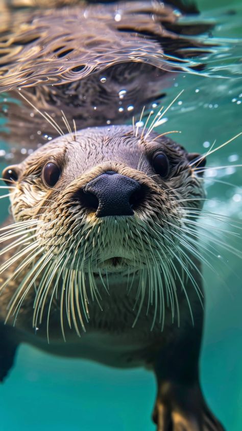 Close-up Portrait of a Swimming Sea Otter in Crystal Clear Waters.. This vibrant and captivating photograph showcases a sea otter's face emerging from turquoise waters, its whiskers glistening with droplets. The shallow depth of field draws the viewer's attention to the otter's expressive eyes and wet fur, creating an intimate and engaging portrait. The composition is well-balanced, with the otter positioned slightly off-center, allowing the rippling water to frame the subject Harbor Seal Photography, Sea Creatures Photos, Otter In The Water, Otter Reference Photo, Sea Creature Reference Photo, Animals In Captivity, Animals Close Up, Sea Otter Wallpaper, Otter In Water