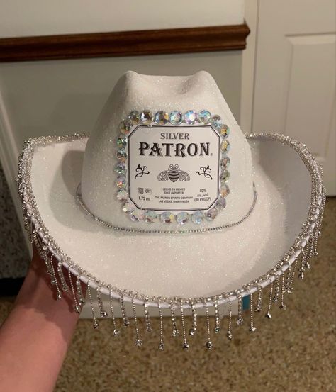 Patron Hat Party, Liquor Bottle Cowboy Hats, Patron Cowgirl Hat, Titos Alcohol Cowboy Hat, Alcholic Drink Cowboy Hats, Patron Cowboy Hat, Cowboy Liquor Hats, Cowboy Hats Decorated Like Alcohol, Homemade Cowboy Hat