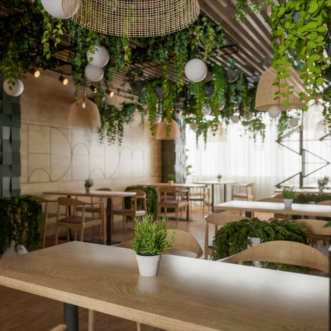 restaurant design Restaurant With Plants, Pizza Decor, Minimalist Restaurant, Greens Restaurant, Themed Restaurant, Small Restaurant, Simple Green, Restaurant Interior, Fine Dining