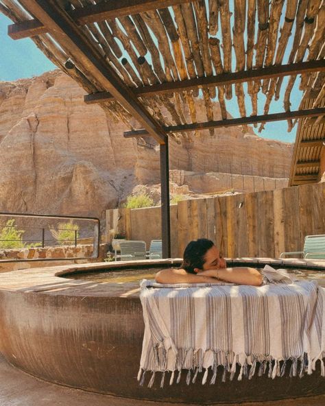 a woman soaks in a hot spring-fed mineral pool. the warm water, around 90 degrees Fahrenheit, burbles out in the high mountains of New Mexico at a spa called Ojo Caliente. the link attached to this pin goes to their website. Mexico, Hotel Proposal, Desert Spa, Cave Spa, Desert Backdrop, Peach Honey, Mexican Desert, Natural Hot Springs, Spa Resorts