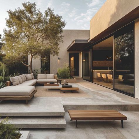 21+ Simple Yet Elegant Concrete Slab Patio Ideas for a Timeless Look • 333+ Art Images Backyard Patio Modern, Outdoor Patio Modern Design, Concrete Terrace Ideas, Exterior Patio Design, Concrete And Stone Patio, Two Tier Concrete Patio, Modern Rustic Outdoor Patio, Outside Concrete Patio Ideas, Mediterranean Garden Inspiration