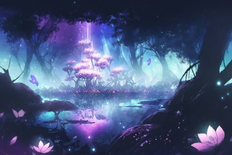 Magiс fantasy forest lake with glowing flowers at night Flowers At Night, Art Club Projects, Miss Marvel, Glowing Flowers, Glowing Background, Fantasy Background, Forest Background, Mystical Forest, Location Inspiration