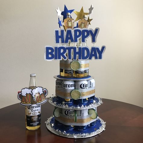 Handmade Beer Can Cake for the Man that loves his Corona's and Crown! This 3-tier beer can cake contains (2) 50ml Crown Royal small shots, (15) 12 ounce Corona Extra beer cans, (6) 7oz Corona Extra beer bottles & a bonus 24oz Corona Extra beer bottle with beer goggles. This Beer Can Cake was inspired by the men who LOVE cake, but only cake made of beer cans! Beer Can Cake, Water Bread, Beer Can Cakes, Money Birthday Cake, Birthday Beer Cake, Beer Birthday Party, Happy Birthday Beer, Cake In A Can, Birthday Cake For Him