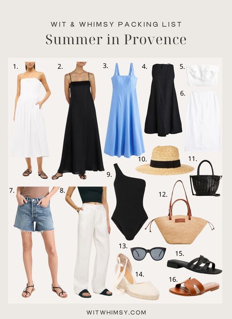 What To Wear in Provence in Summer - wit & whimsy Summer Italy Fashion, Provence Outfits Summer, What To Pack In A Carry On, European Summer Packing List, European Summer Capsule Wardrobe, Minimalist Vacation Outfits, European Summer Vacation Outfits, Resort Capsule Wardrobe, 2 Week Packing List