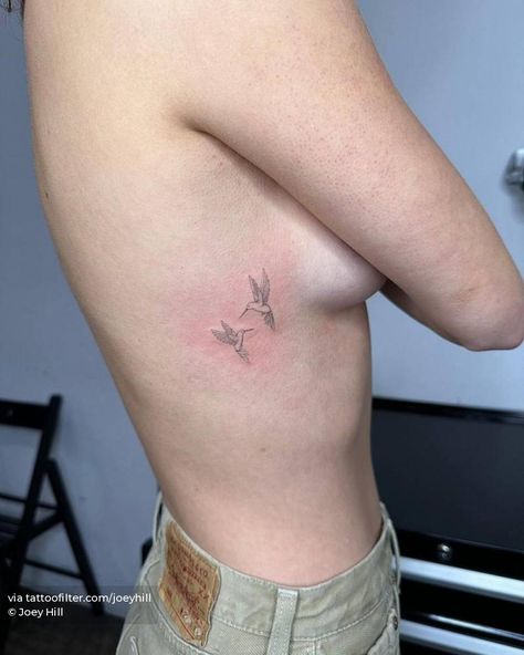 Hummingbird Placement Tattoo, Hummingbird Side Tattoo, Two Small Hummingbird Tattoo, Hummingbird Tattoo Danty, Bird Tattoo On Rib Cage, 2 Hummingbird Tattoo Small, Multiple Hummingbird Tattoo, Patchwork Dainty Tattoo, Side Women Tattoos