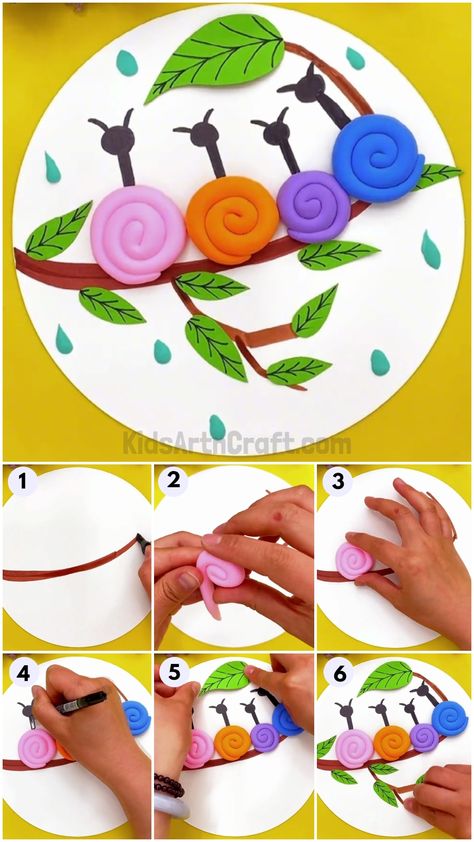 Snail Projects For Kids, Snail Artwork For Kids, Kids Clay Ideas, Snail Crafts For Kids, Clay Snails, Play Dough Crafts, Clay Art For Kids, Snail Craft, Hand Art Kids