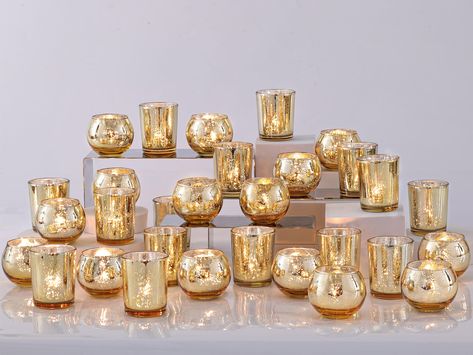 PRICES MAY VARY. 🌺HIGH QUALITY AND 48PCS ASSORTED CANDLE HOLDER🌺 : These charming cute candle holders are made of thick & strong glass, which are durable and not easy to break. Each order will consist of 24pcs 2.16-Inch Speckled Mercury Glass Votives and 24pcs 2-Inch Round Mercury Glass Votives .(Candles Excluded), 🌺CUTE SIZE🌺: The ROUND votive tealight candle holder's is 2ʺ diameter (top) and 2ʺ height approximately, the regular candle holder's size is 2.17ʺ diameter (top) and 2.67ʺ height Centerpieces For Table, Gold Votive Candle Holders, Gold Votive Candles, Mercury Glass Candle Holders, Mercury Glass Candles, Mercury Glass Votives, Gold Candle Holders, Gold Wedding Decorations, Cute Candles