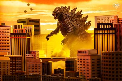 THE KING IN THE BIG CITY. GODZILLA 2014 BY HAROLD RUIZ. Godzilla Pictures, Godzilla City, Godzilla Party, Godzilla Monsterverse, Neca Figures, Godzilla Figures, Burning City, Shadow Illustration, Photography Ideas At Home