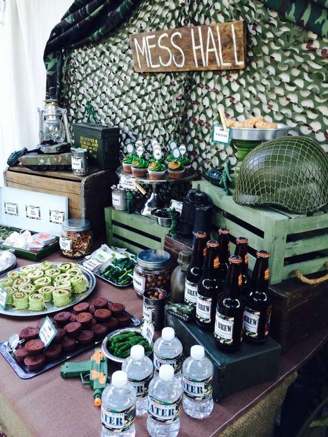 Black Ops Birthday Party, Army Themed Birthday Party Food, Camouflage Theme Party, Army Party Snacks, Camo Themed Party, Camo Birthday Party Decorations, Mess Hall Party Ideas, Army Tank Birthday Party Ideas, Army Birthday Party Food Ideas