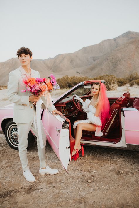 San Miguel De Allende, Las Vegas, Low Key Wedding Dress, Grunge Wedding, Las Vegas Wedding Photos, Pink Veil, Pink Convertible, Pink Wedding Shoes, Chattanooga Wedding