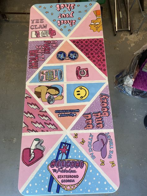 Pong Table Tape Layout, Cup Pong Aesthetic, Girly Painted Beer Pong Table, Girly Pong Table, Painted Pong Table, Beerpong Table, Cup Pong, Bp Table, Custom Beer Pong Tables