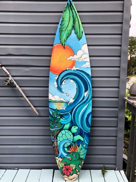 Custom surfboard for outdoor shower or beach home. Commissioned artist painted this surfboard for a home in Sunset Beach, NC. #recycle #repurpose #outdoordecorations #beachhousedecor #seaturtleart Surfboard Art Drawing, Designer Surfboard, Surf Boards Designs, Surf Board Art, Beach Home Design, Surfboards Artwork, Deco Surf, Surfboard Art Design, Sunset Beach Nc
