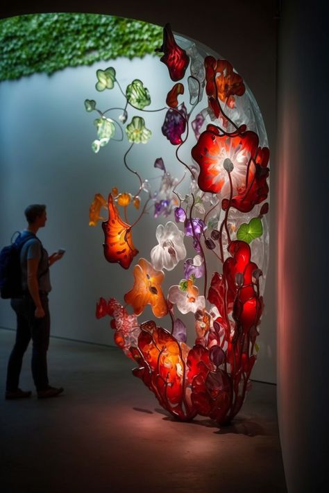 Environmental Sculpture, Contemporary Glass Art Sculpture, Instillation Ideas Art, Nature And Technology Art, Nature Art Installation, Nature Installation, Glass Wall Sculpture, Glass Art Installation, Contemporary Art Installation