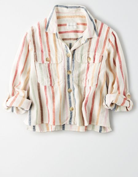 AE Striped Cropped Button Up Shirt Fun Button Up Shirts Women, Women's Button Up Shirt, Shirts Button Up, Cute Button Down Shirts, Button Up Shirts For Women, Cotton Button Up, Feminine Button Up Shirts, Patterned Button Down, Pattern Button Up