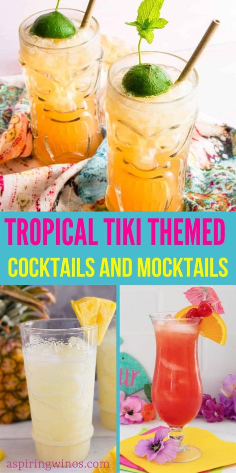 Tropical Tiki Themed Drinks You Need to Try | Tiki Themed Cocktails | Tiki Themed Mocktails | Cocktail and Mocktail Drink Ideas | Tropical Drink Recipes | Tiki Party Drink Ideas #Mocktails #Cocktails #DrinkRecipes #TikiThemedDrinks #TikiDrinkRecipes Essen, Safari Theme Cocktails, Tropical Mocktails For Luau, Luau Alcohol Drinks, Tiki Mocktail Recipe, Tiki Bar Drinks Cocktail Recipes, Easy Tiki Drinks, Luau Work Party Ideas, Tiki Themed Birthday Party