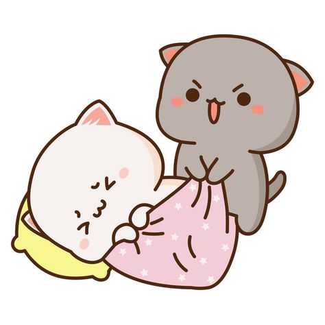 The pretty fluffy Mochi Mochi Peach Cat is wrapped in a warm blanket and sleeps cute while her friend tries to wake her up. Let's enjoy this beautiful couple of kittens with the cute sticker Mochi... Mochi Peach Cat, Griffonnages Kawaii, Peach Cat, Walpapers Cute, Cute Anime Cat, Chibi Cat, Images Kawaii, Cute Bear Drawings, Cute Bunny Cartoon