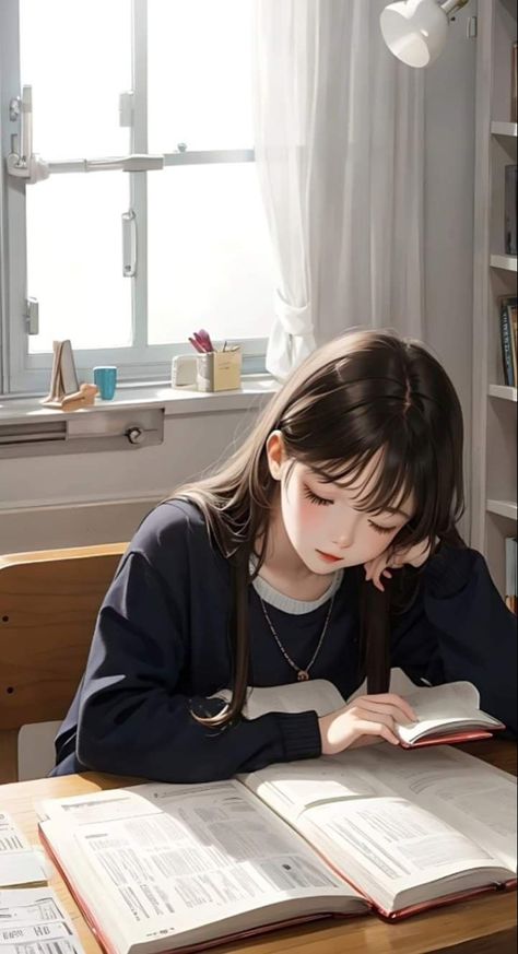 Study Girl Aesthetic Cartoon, Tumblr, Study Girl Cartoon, Kawaii Wallpaper Aesthetic Desktop, Study Girls Dp, Girly Anime Wallpaper, Study Girl Wallpaper, Girl Studying Illustration, Study Dp