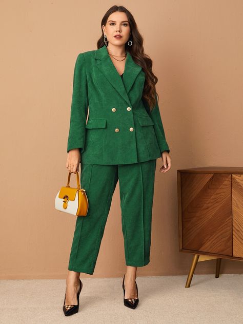 Blazer Cord Set, Women Suits Plus Size, Suits Plus Size Woman, Plain Cord Set, Green Formal Outfit, Plus Size Suits For Women, Hijab Plus Size, Three Piece Suit Women's, Semi Formal Outfits For Women