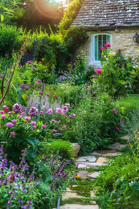 36 Charming Cottage Garden Ideas for Your Outdoor Sanctuary Walled Cottage Garden, Summer Cottage Garden, Fairy Cottage Garden, Cottage Garden Pots & Planters, Garden In Front Of Porch, Backyard Landscaping Cottage, Backyard Secret Garden Ideas, Eclectic Garden Ideas, Front Cottage Garden