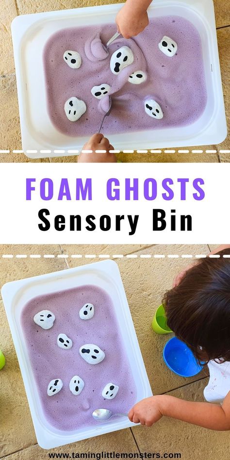 Bubble Foam Ghosts Sensory Bin for Kids. This sensory activity is perfect for halloween. Toddlers and preschoolers will love finding the ghost hidden in the bubble foam. #halloween #sensory #toddler #preschooler Montessori, Ghost Sensory Bin, G Is For Ghost Preschool, Halloween Activities For One Year Olds, Sensory Friendly Halloween Activities, Preschool Ghost Activities, Monster Theme Preschool Activities, Ghost Preschool Activities, Ghost Activities For Preschool